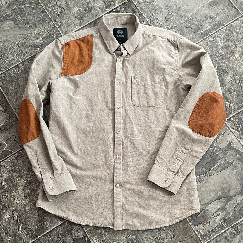 DJAB Brown & Tan Button-up Cotton Shirt Preppy Elbow & Chest Patch Details